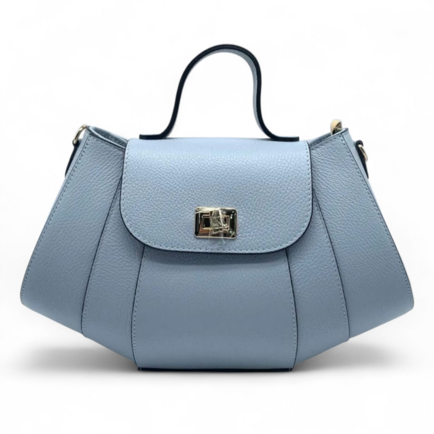 Mini sac trapèze en cuir véritable bleu ciel – Fermoir doré – Made in Italy – G&S Boutique