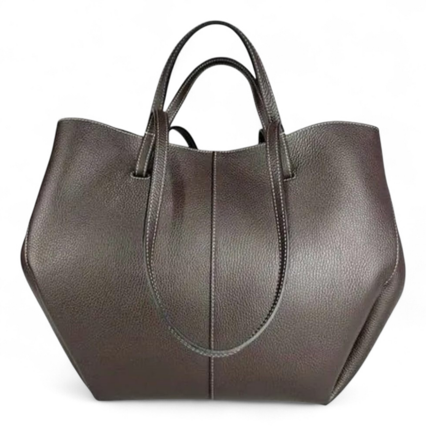 Grand tote bag en cuir véritable taupe bronze – Surpiqûres contrastantes – Made in Italy