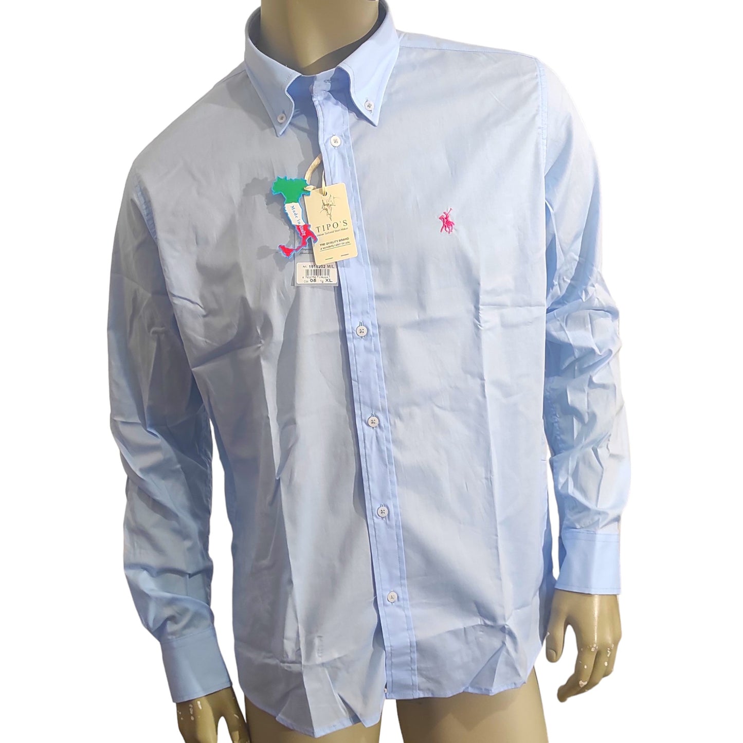 Tipo's Plain Shirt with Buttoned Collar Sky Blue for Men Made in Italy