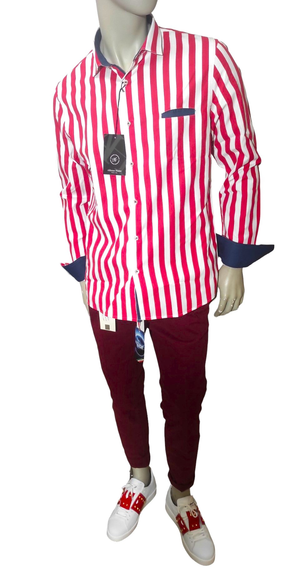 Red and White Striped French-Collar Shirt - Made in Italy