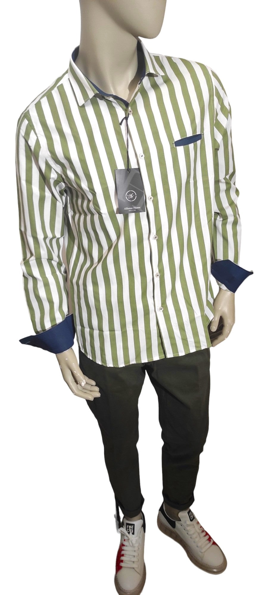 Green-and-White Striped French-Collar Shirt - Made in Italy
