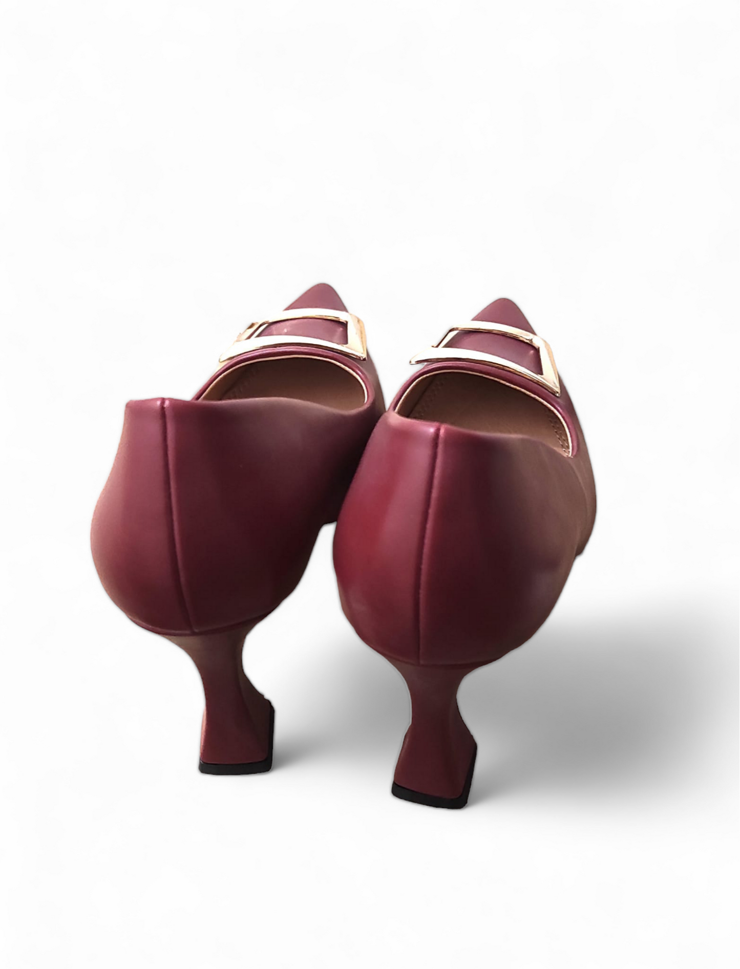 Burgundy low-cut pump with gold buckle high triangle heel