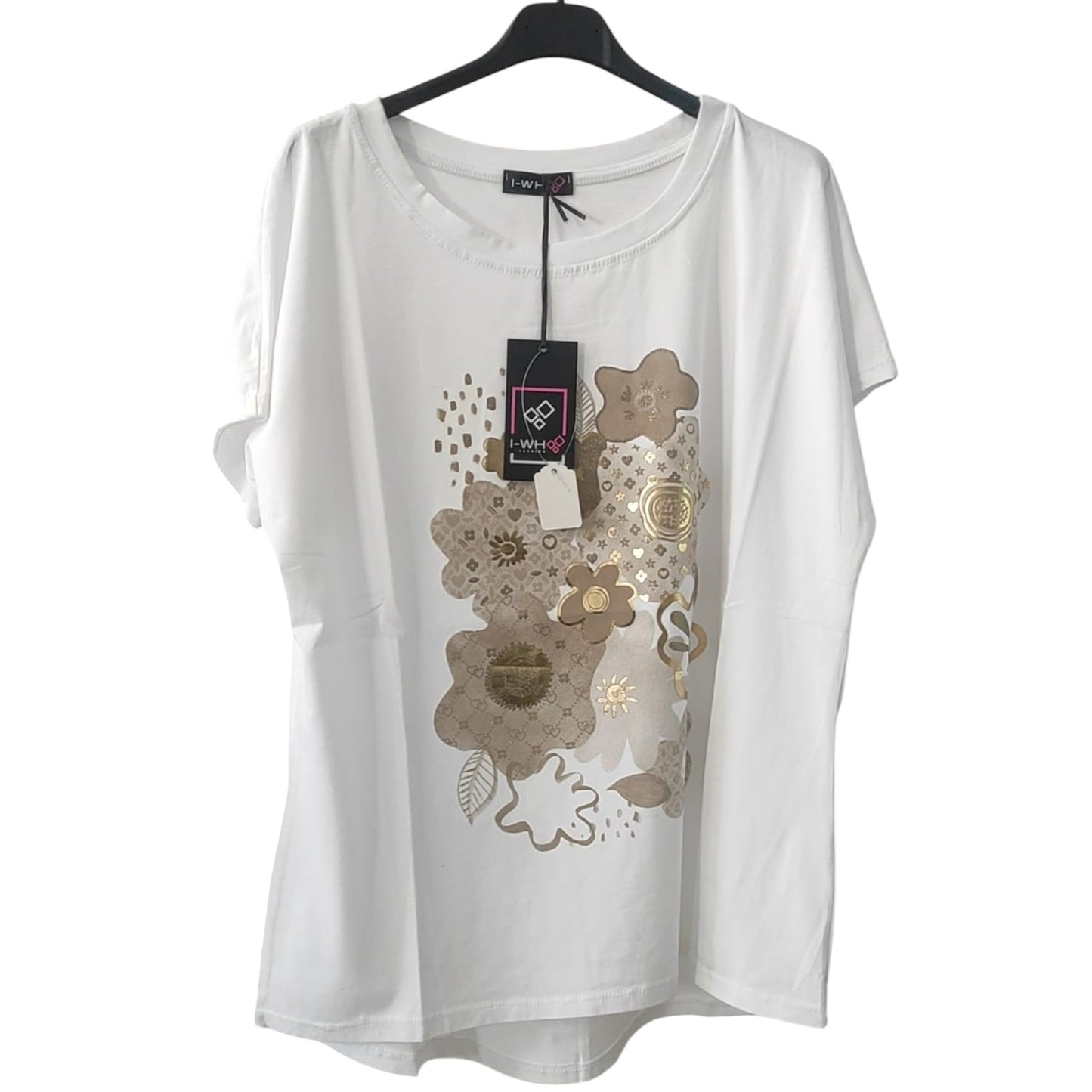 Tee-shirt col rond I Whoo imprimé fleurs dorées - Made in Italy