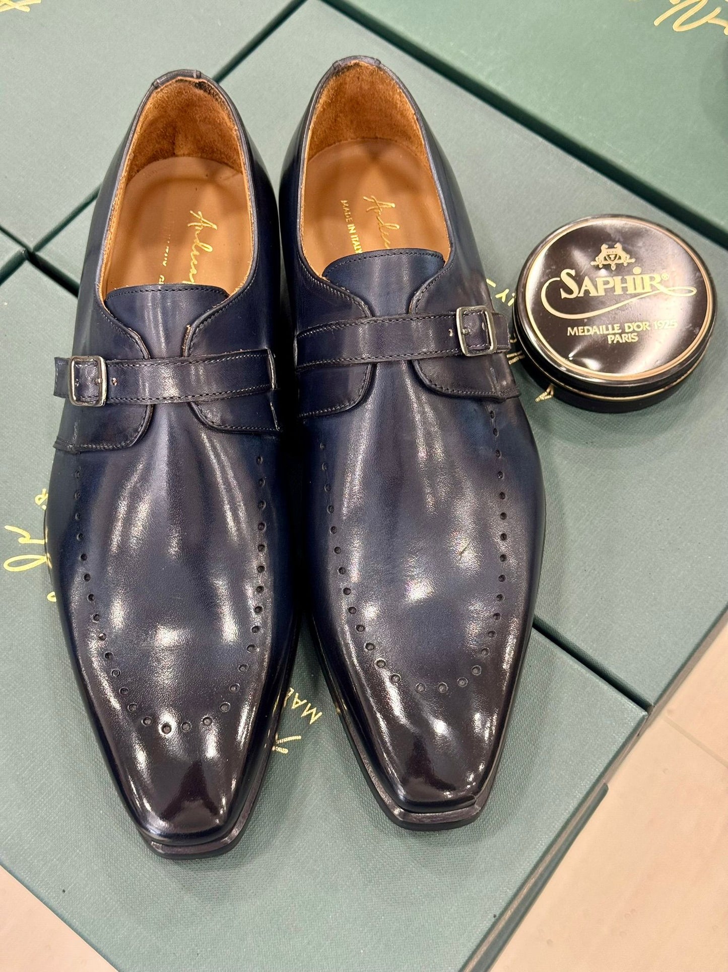 Chaussures Homme “Monk Strap” à boucle – Cuir patiné Bleu Nuit (Made in Italy)