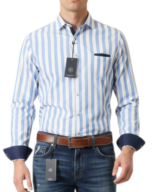Chemise rayée col français Bleu ciel et blanc - Made in Italy