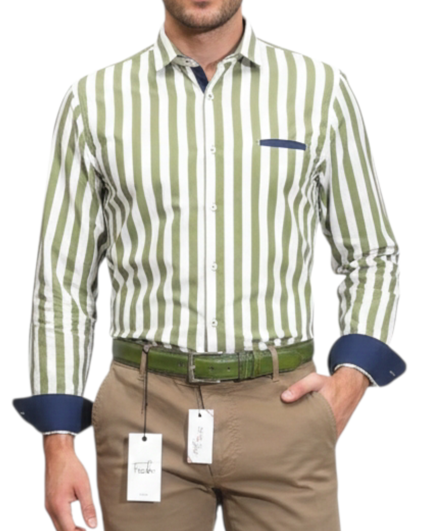 Green-and-White Striped French-Collar Shirt - Made in Italy