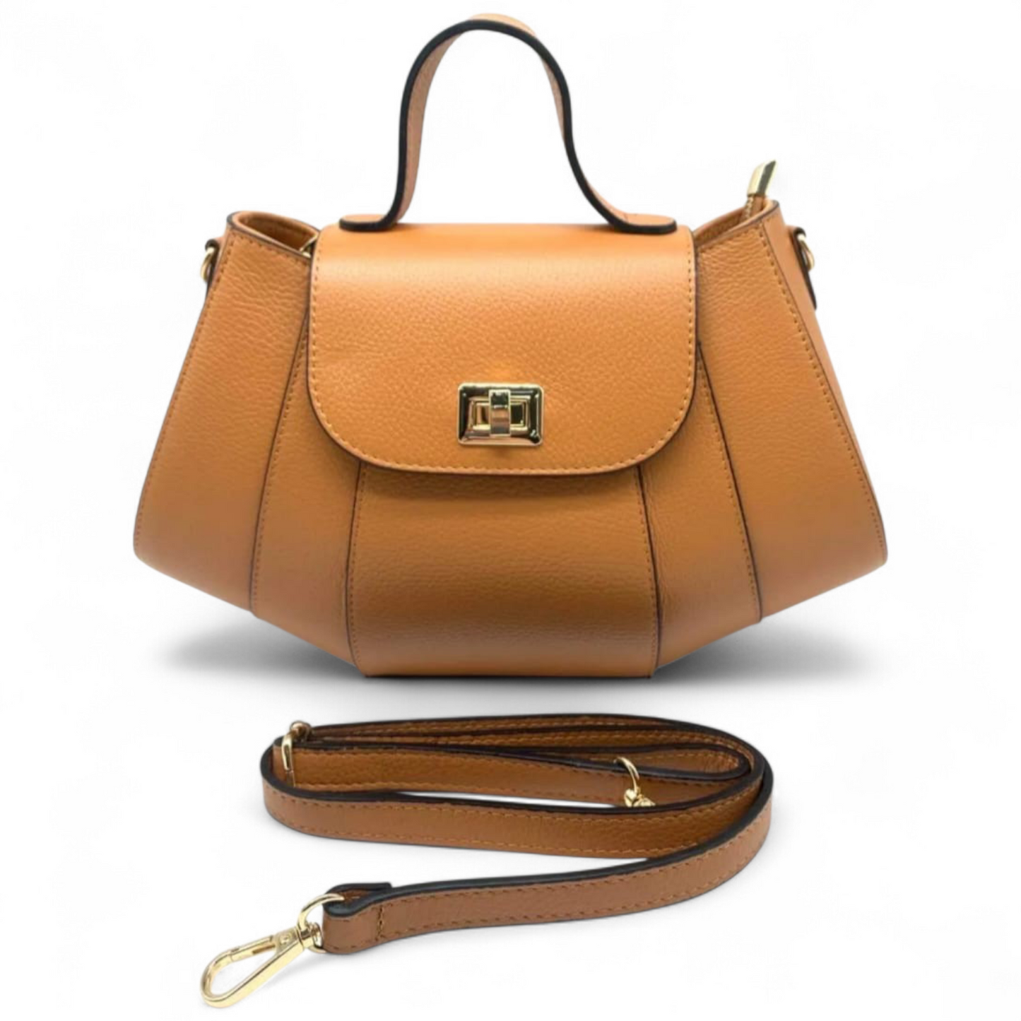 Mini sac trapèze en cuir véritable caramel – Bandoulière amovible – Made in Italy