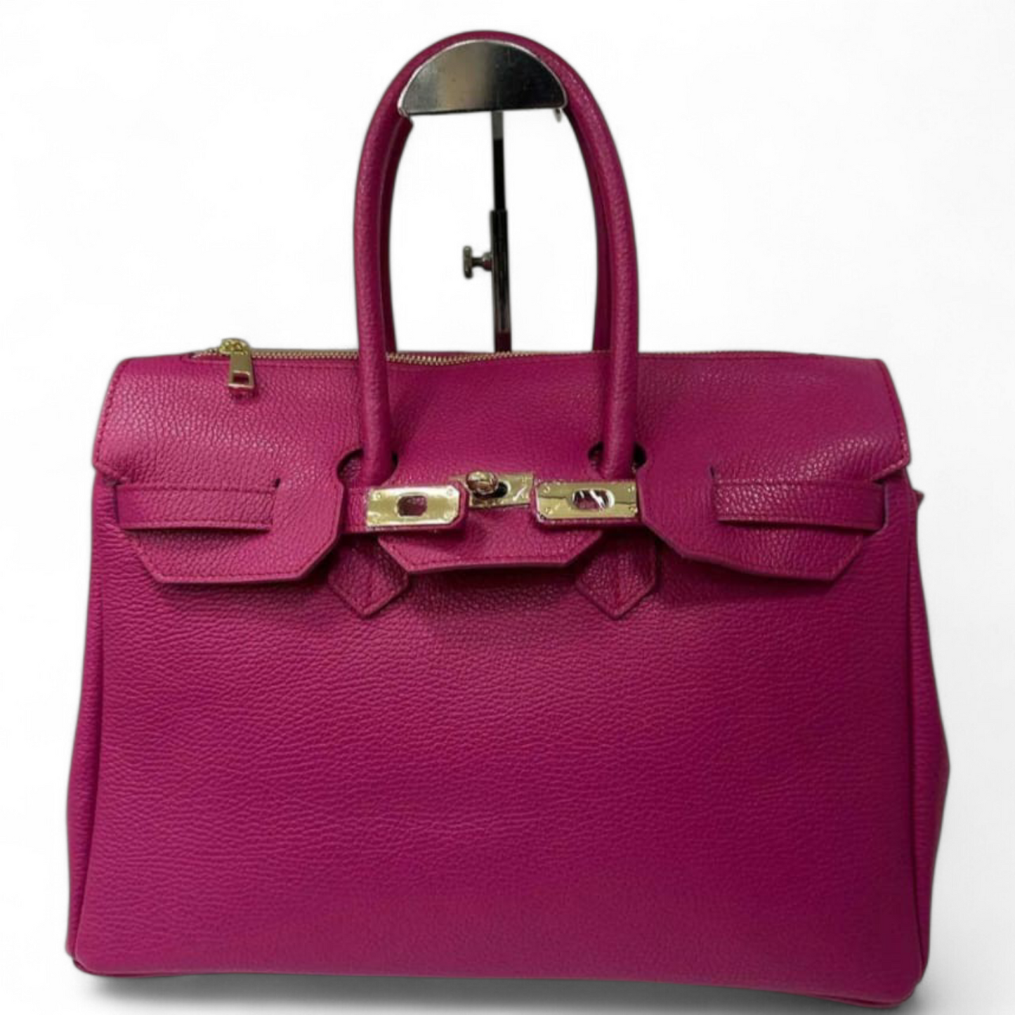 Sac à main en cuir véritable fuchsia – Style Birkin – Fermoir doré – Made in Italy