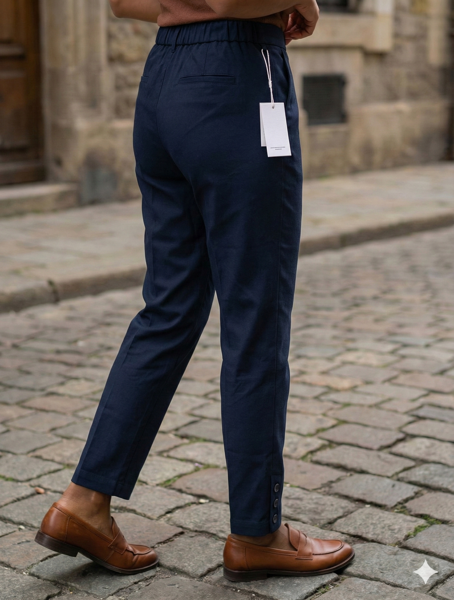 Pantalon Stretch Femme Slim à Bas Boutonnée, Fabriqué en Italie - Bleu nuit