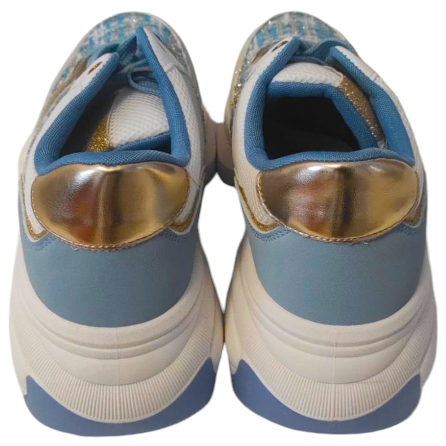 Sneakers à Lacets Maira - Blanche, Bleu Ciel et Or, Ornées de Strass et Paillettes Dorées