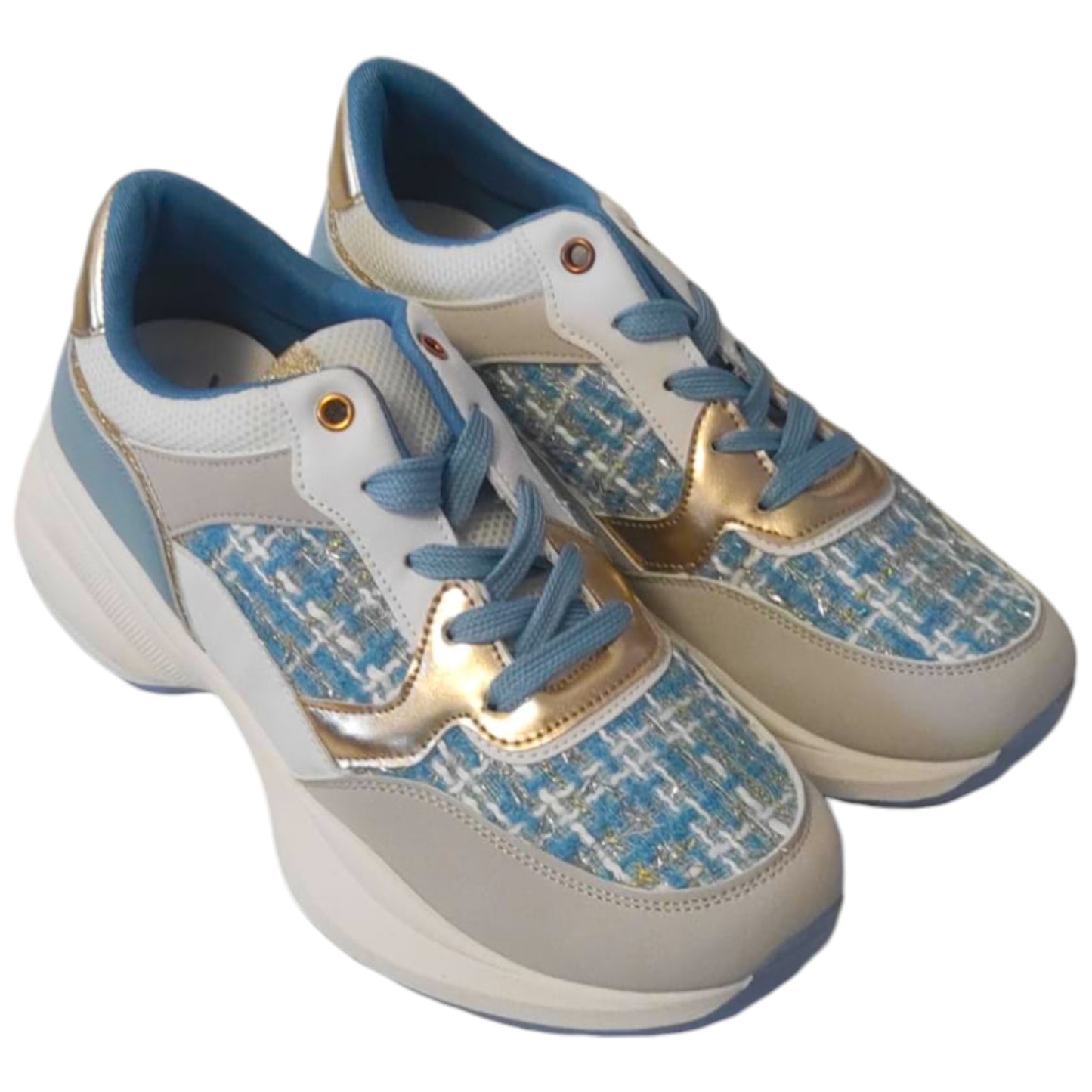 Sneakers à Lacets Maira - Blanche, Bleu Ciel et Or, Ornées de Strass et Paillettes Dorées