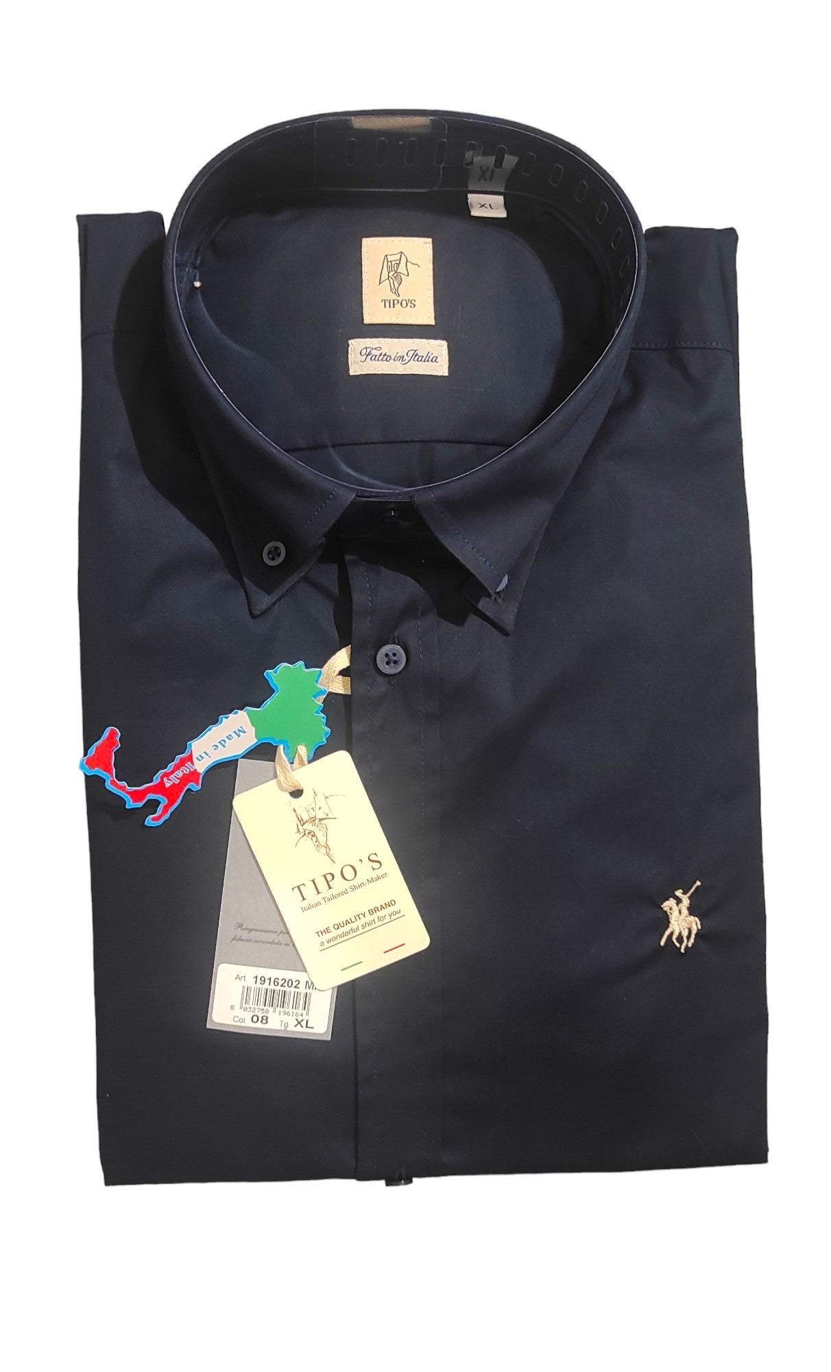 Chemise unie à Col Boutonné Bleu Marine Tipo's pour Homme - Made in Italy