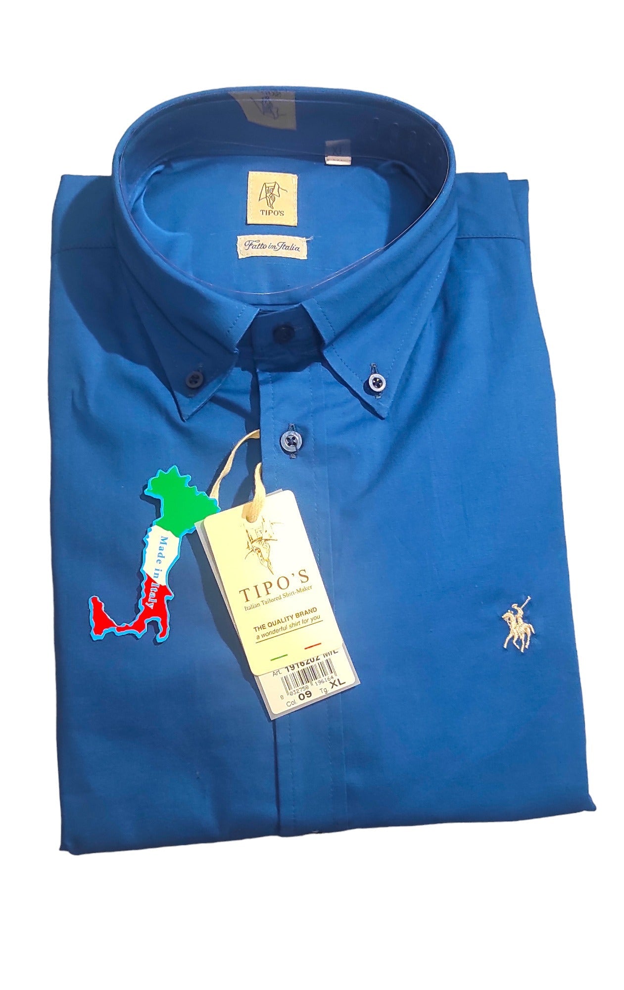 Chemise unie à Col Boutonné Bleu Tipo's pour Homme - Made in Italy