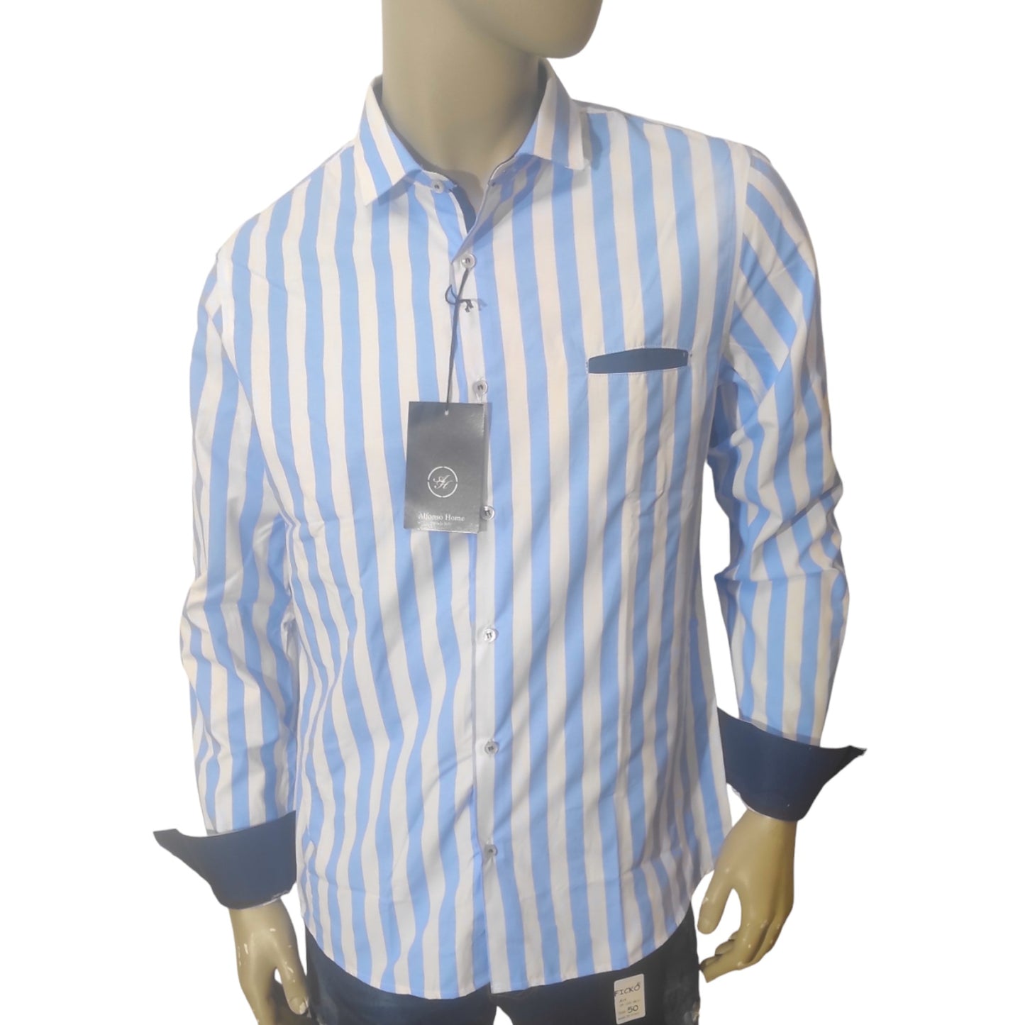 Chemise rayée col français Bleu ciel et blanc - Made in Italy