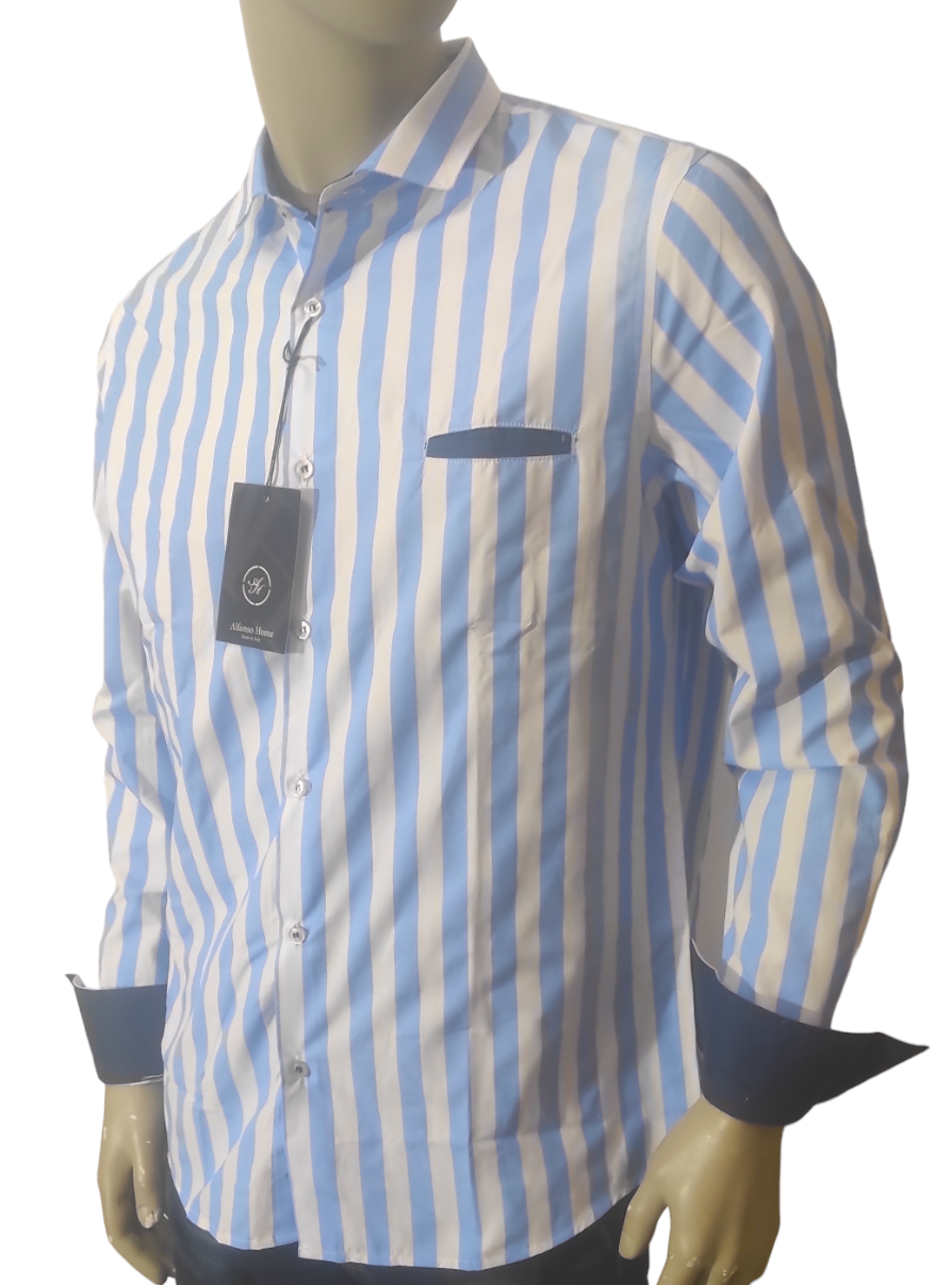 Chemise rayée col français Bleu ciel et blanc - Made in Italy