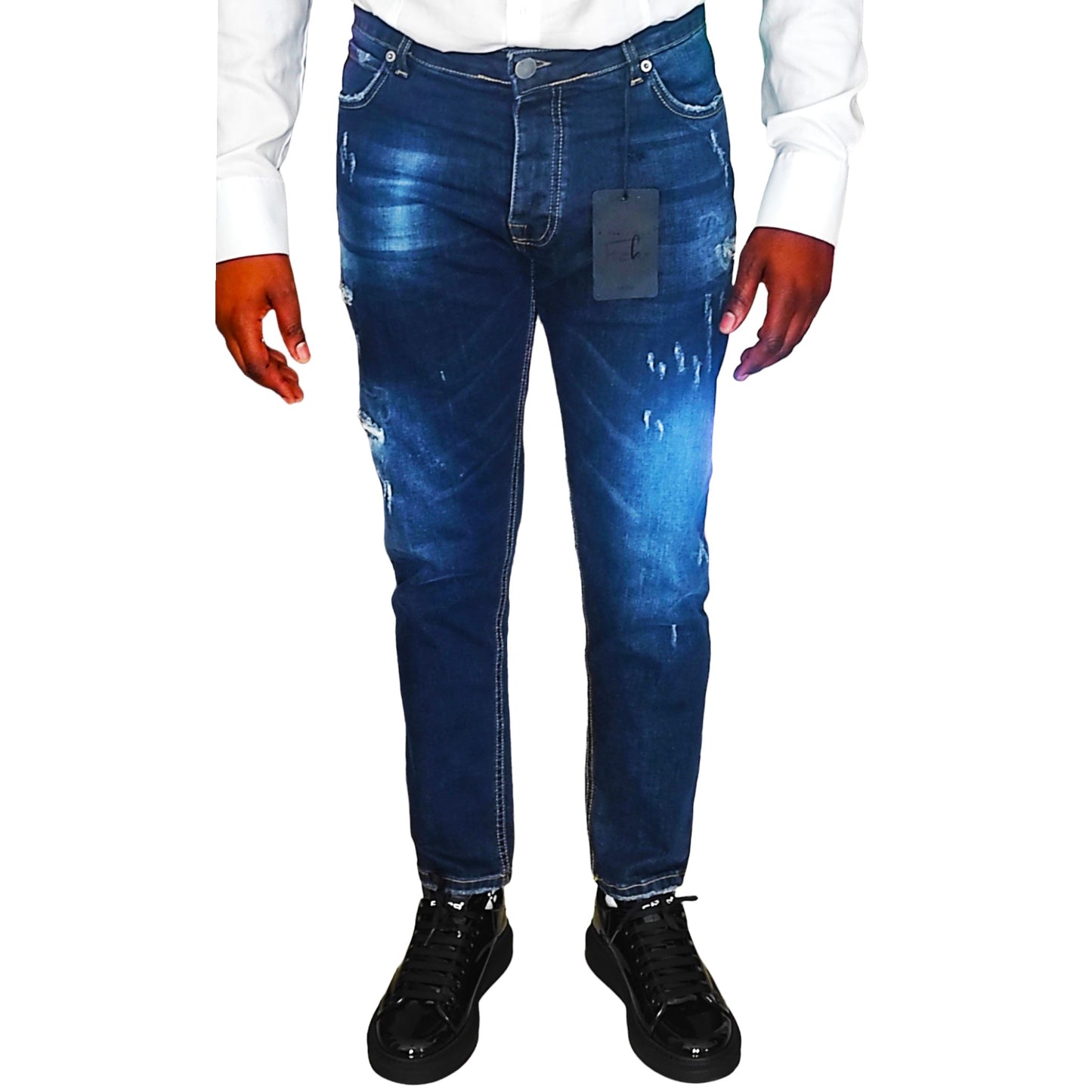 Jeans Slim Homme Bleu de Nuit Déchiré - Taille 50 (Taille Italienne) - Ficko Italy