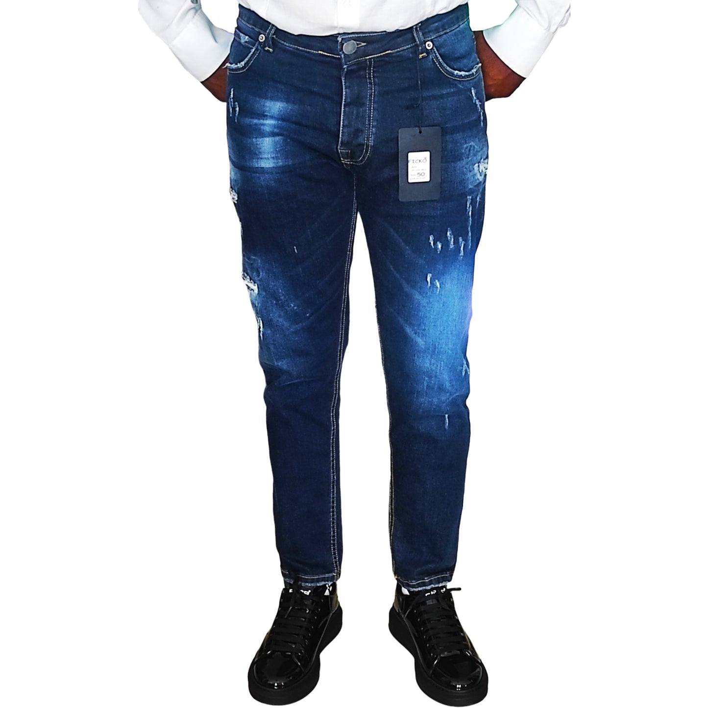 Jeans Slim Homme Bleu de Nuit Déchiré - Taille 50 (Taille Italienne) - Ficko Italy