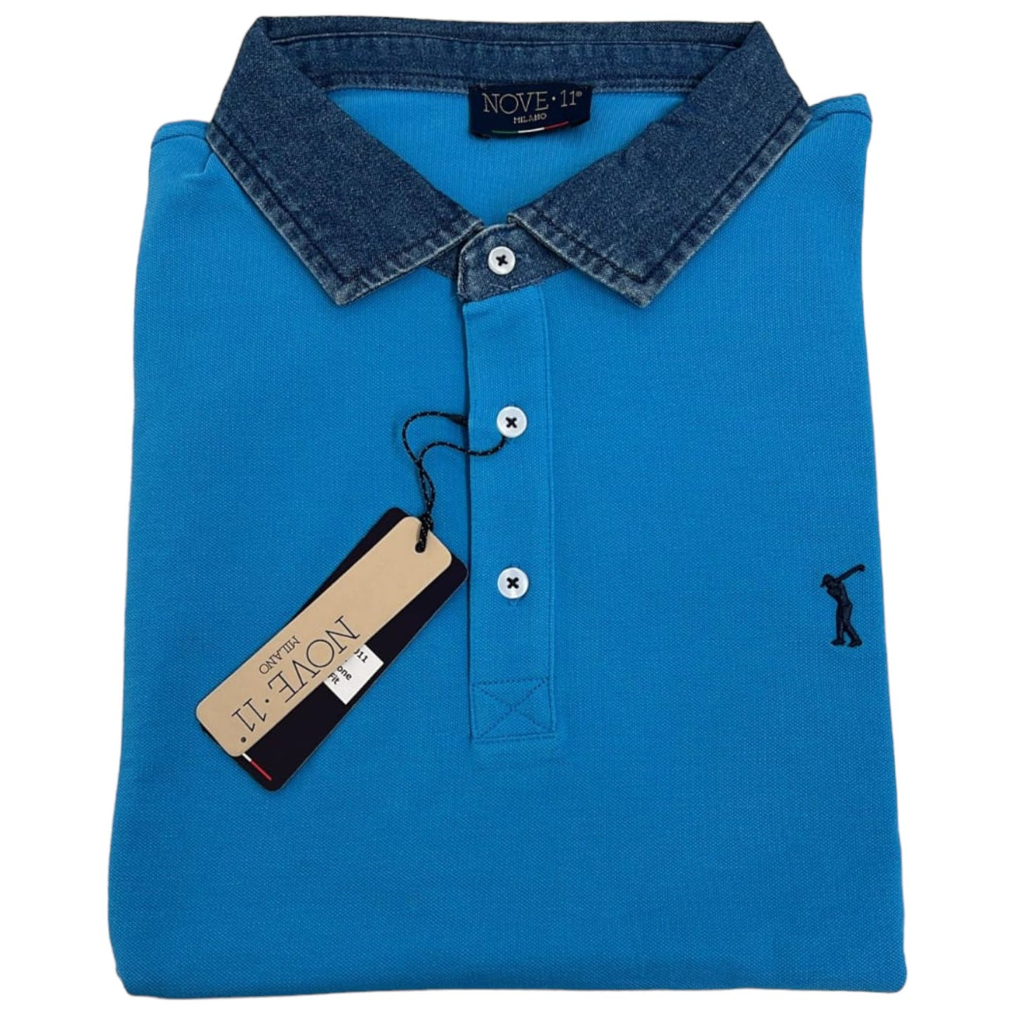 Polo Golf bleu à col bleu en jeans pour Homme - NOVE.11.MILANO