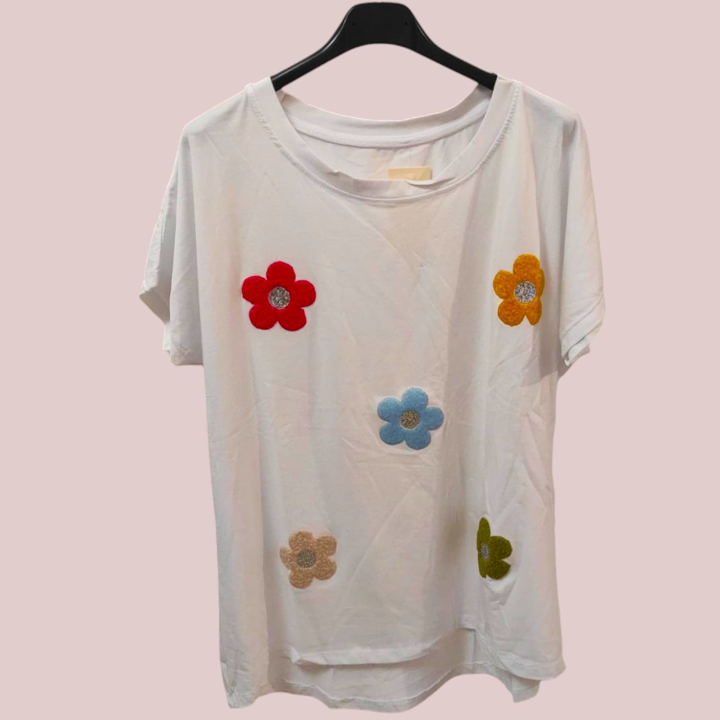 Tee-shirt blanc imprimé fleurs multicolores Femme col Rond Made in Italy