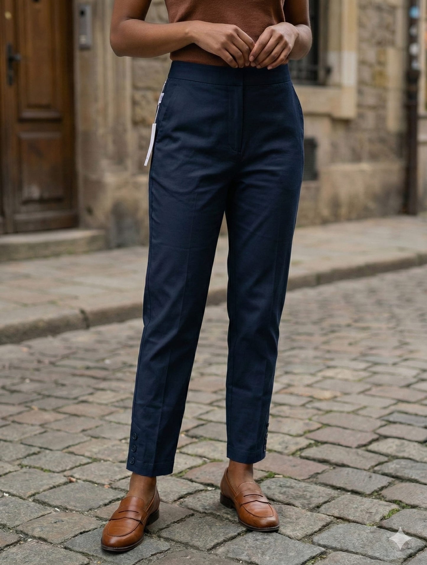 Pantalon Stretch Femme Slim à Bas Boutonnée, Fabriqué en Italie - Bleu nuit