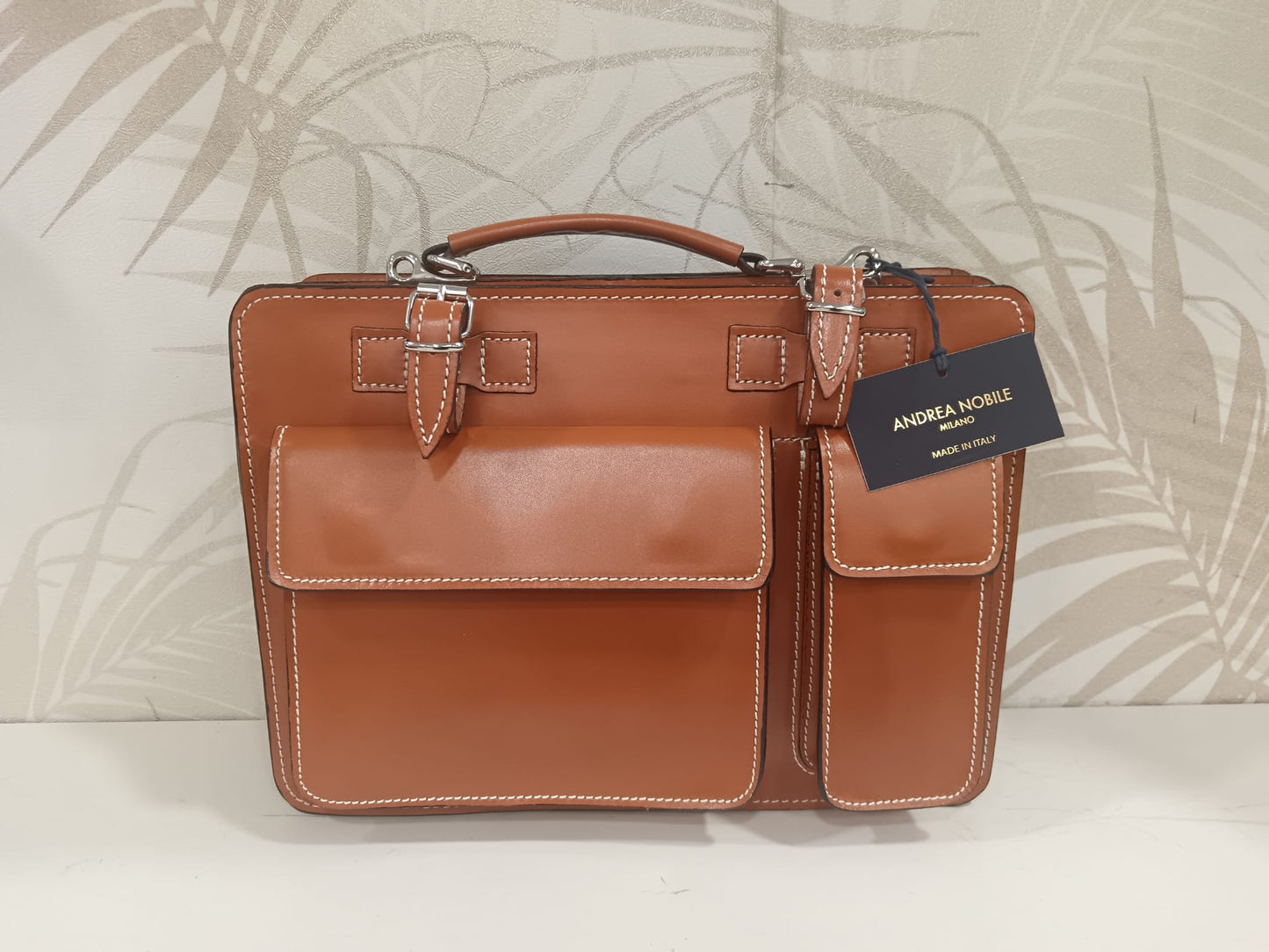 Porte-documents / Sac Homme en cuir Cognac – Multi-poches (Andrea Nobile Milano – Made in Italy)