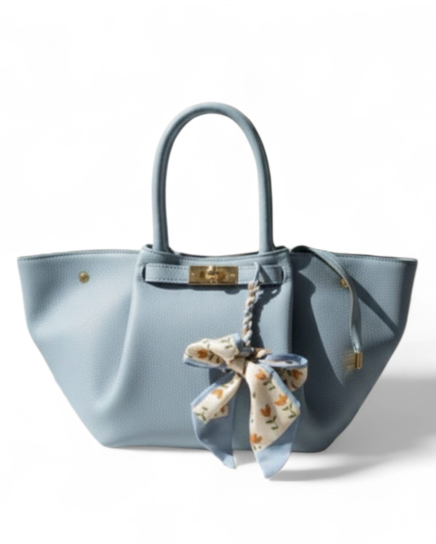 Sac cabas en cuir authentique Made in Italy – Bleu ciel (détail foulard)