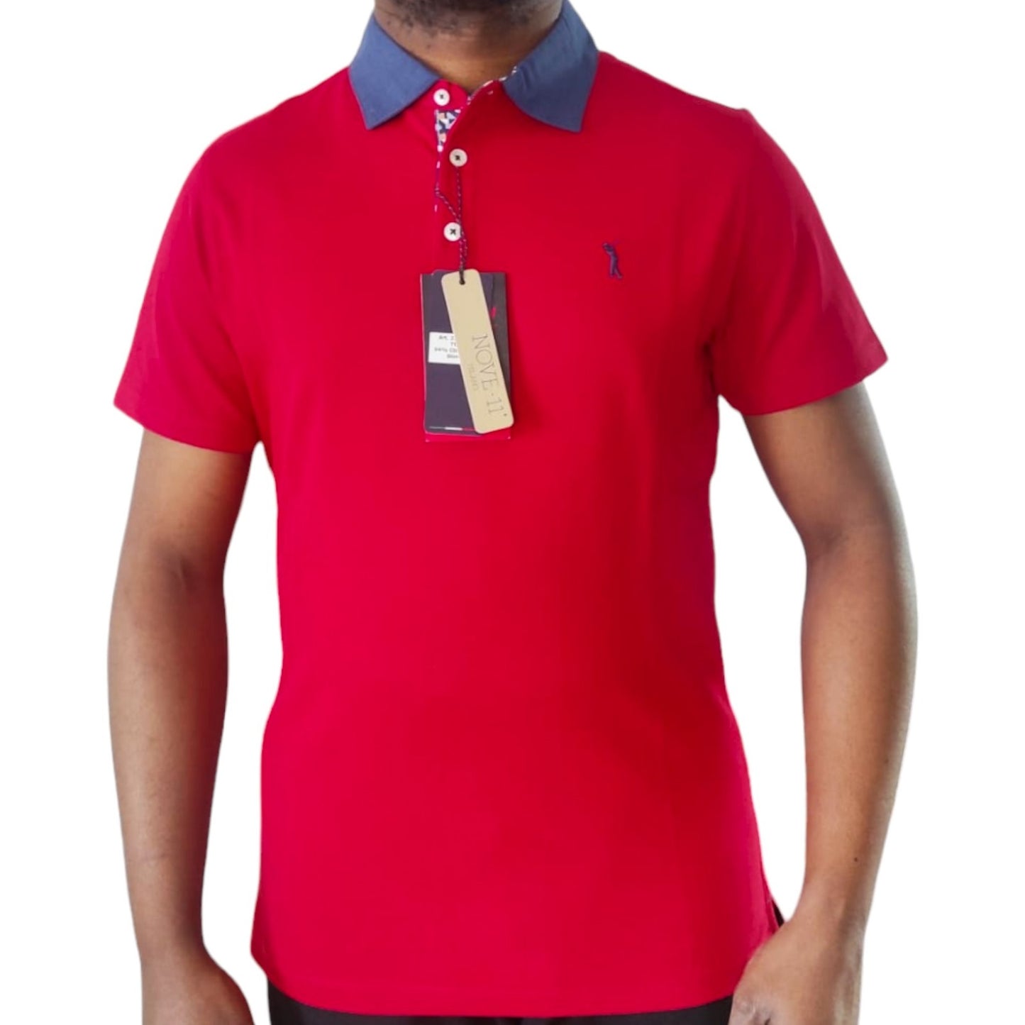 Polo Golf rouge à col bleu marine pour Homme - NOVE.11.MILANO