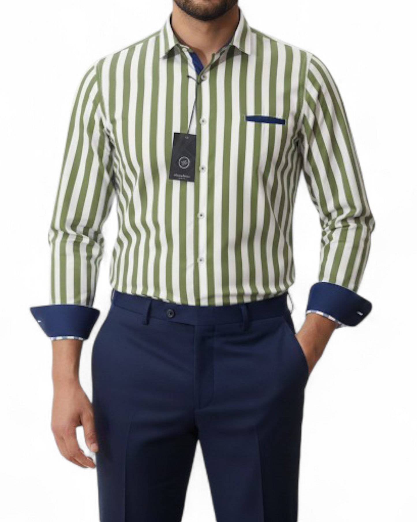 Green-and-White Striped French-Collar Shirt - Made in Italy