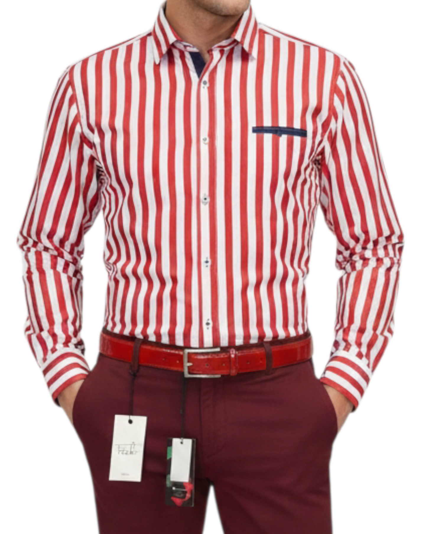 Red and White Striped French-Collar Shirt - Made in Italy