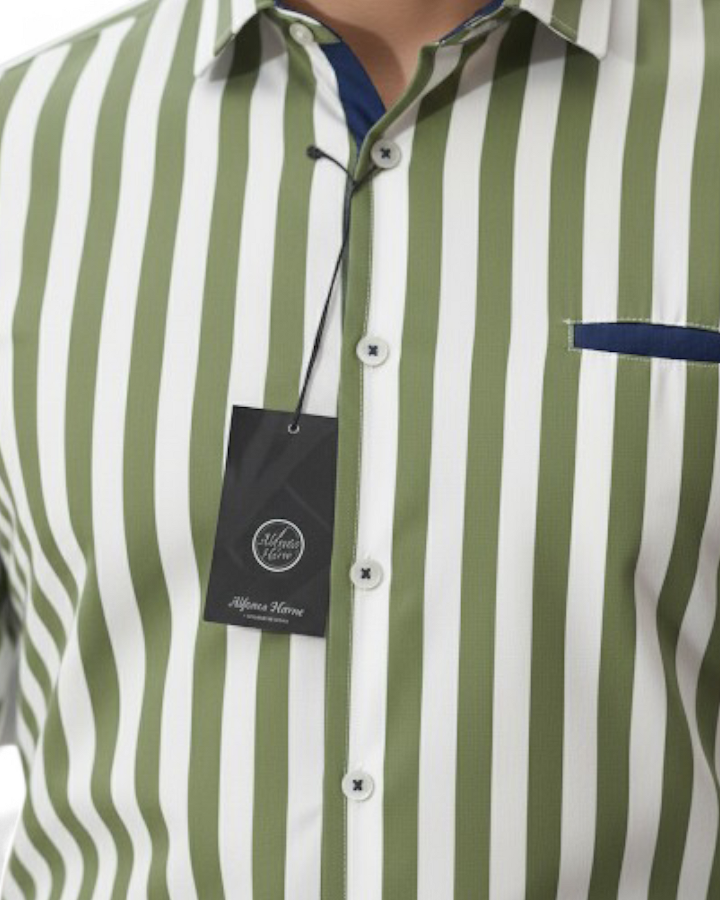 Green-and-White Striped French-Collar Shirt - Made in Italy