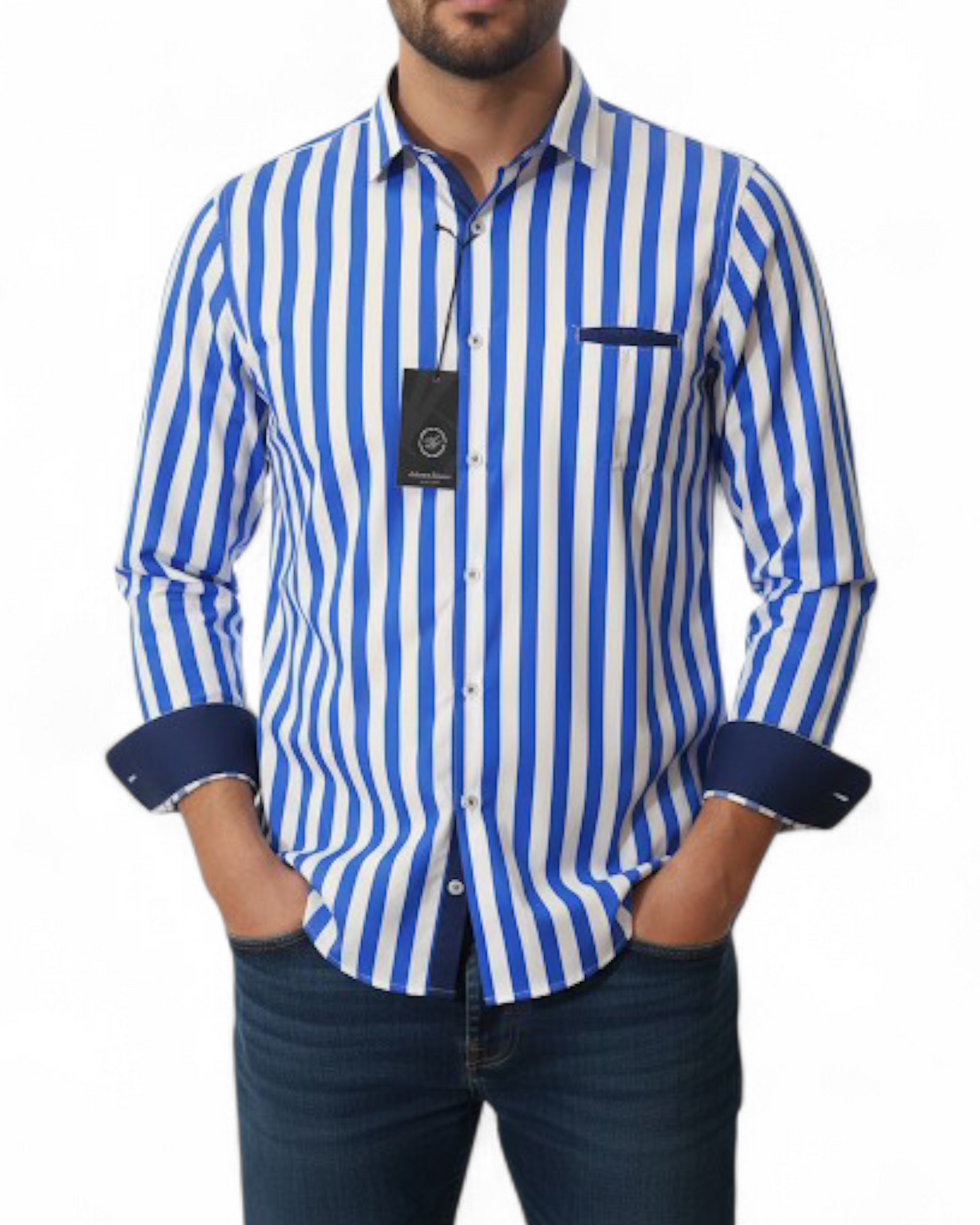 Chemise rayée col français Bleu blanc - Made in Italy