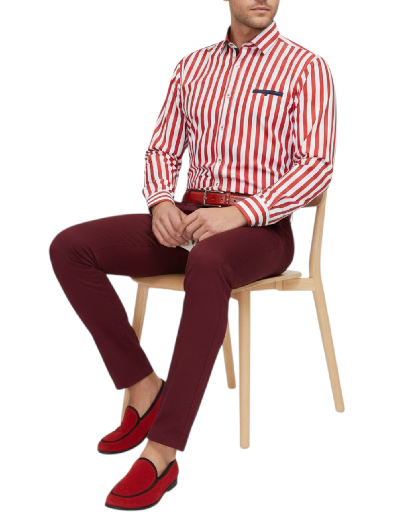 Red and White Striped French-Collar Shirt - Made in Italy