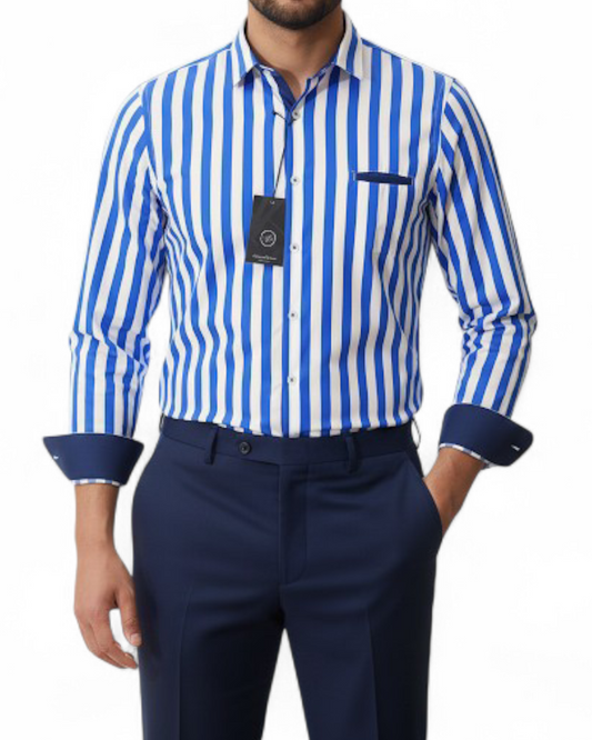 Chemise rayée col français Bleu blanc - Made in Italy