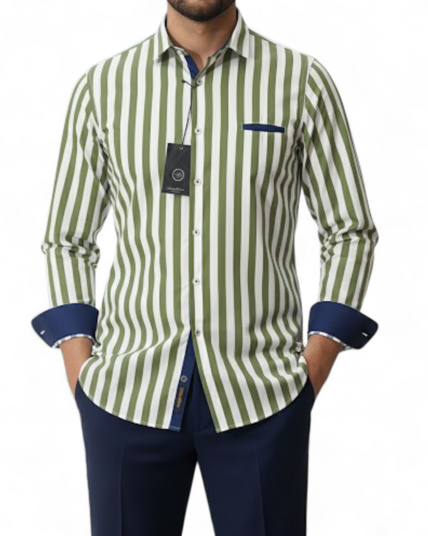 Green-and-White Striped French-Collar Shirt - Made in Italy